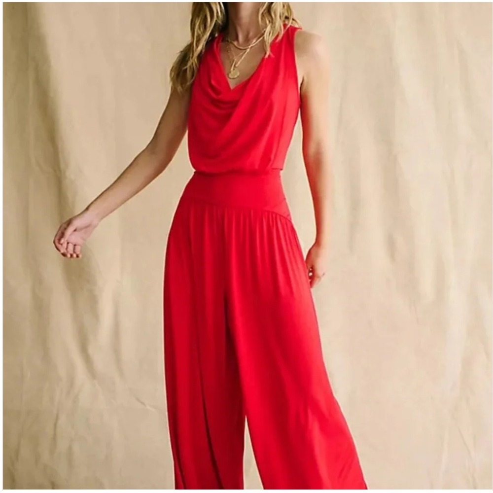 Free People Free-est Royale One Piece Size S Red Cowl Neck Wide Leg Boho Summer